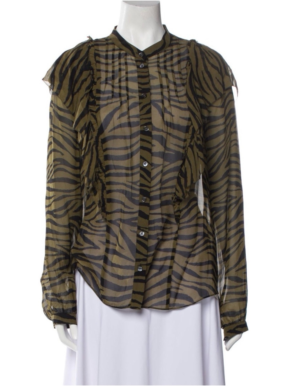 Veronica Beard Olive and Black Sheer Animal Zebra Print Button Silk Shirt
